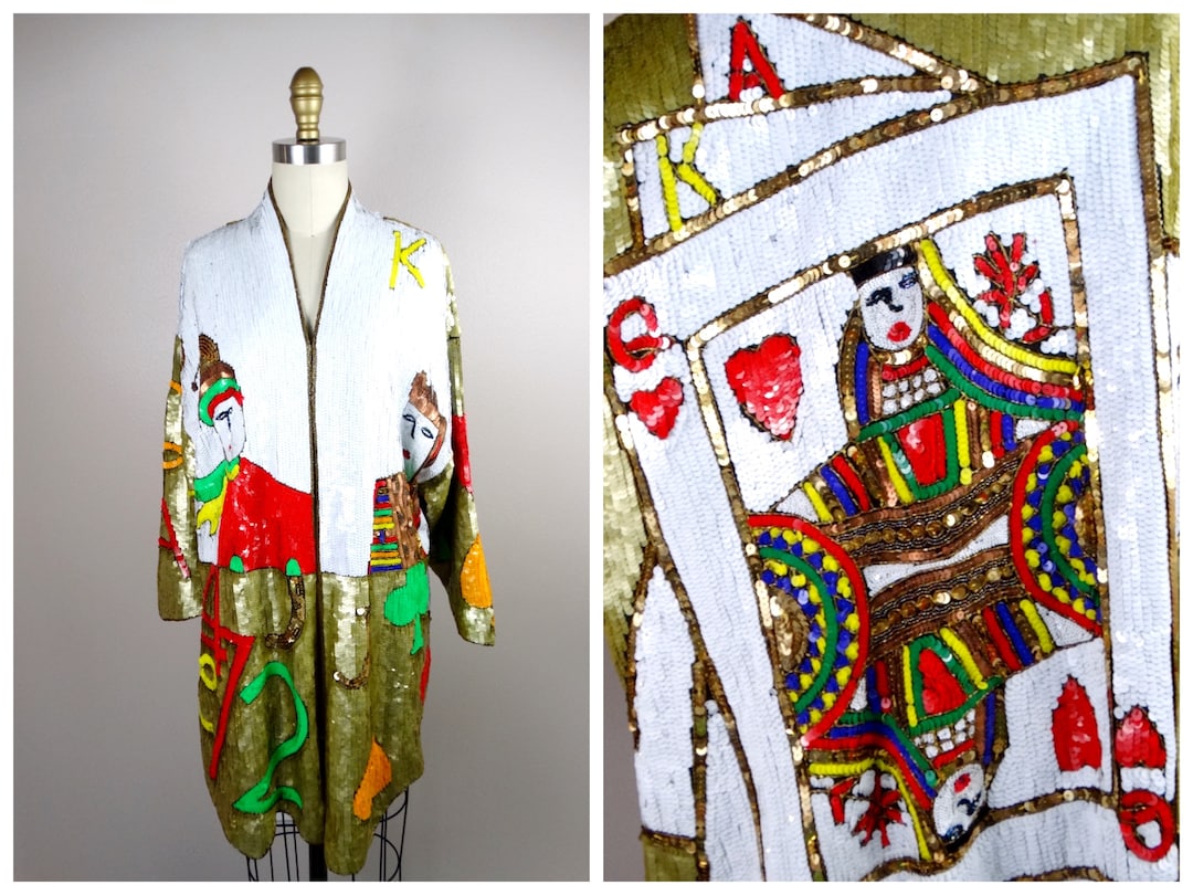 LUCKY Playing Cards Sequined Coat / RARE Gold Sequin Long Shrug / Queen