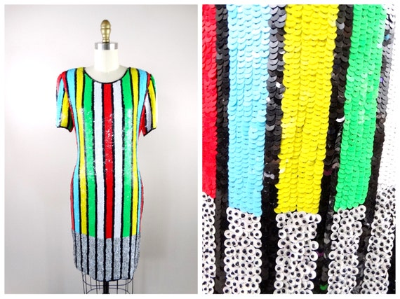 S/M Neon Striped Sequined Dress // Bright Stripes… - image 6