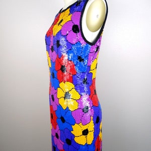 Psychedelic Sequin Dress / Retro Neon Floral Sequin Embellished Mini Dress / Bright Pink Purple Blue Red and Yellow Roses Sequined Dress image 4