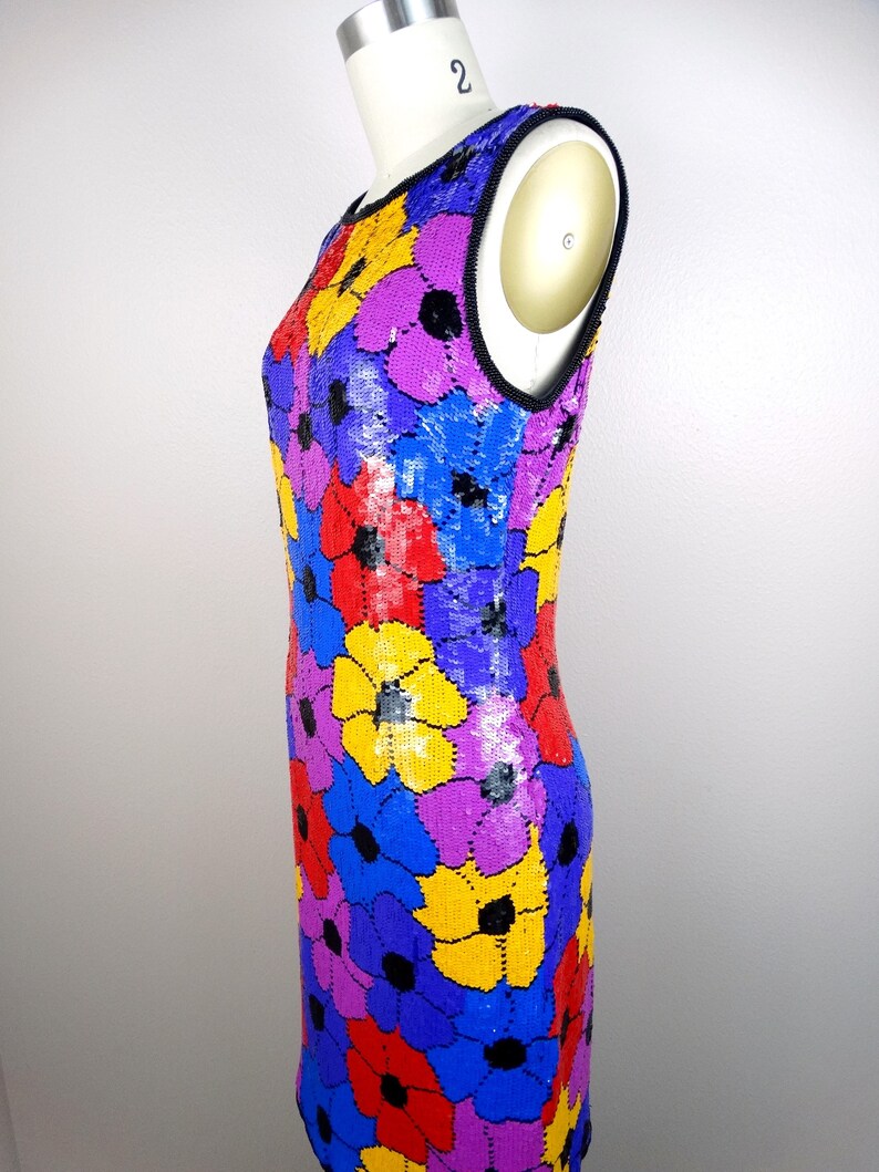 Psychedelic Sequin Dress / Retro Neon Floral Sequin Embellished Mini Dress / Bright Pink Purple Blue Red and Yellow Roses Sequined Dress image 4