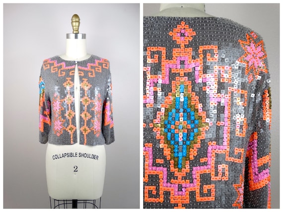 S/M Sequin Paillette Shrug / Bright Retro Beaded … - image 1