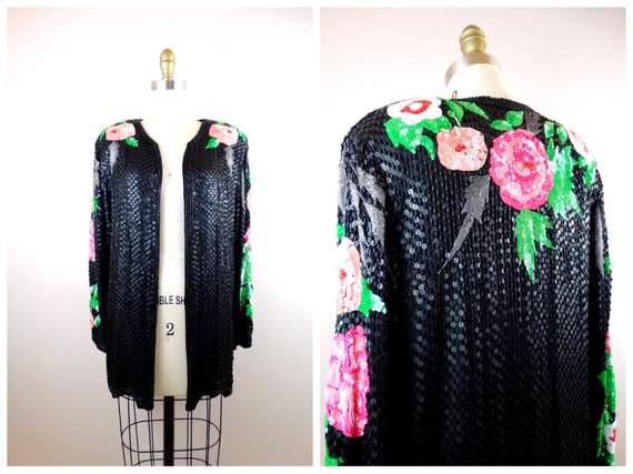 M/L Elegant Sequin Floral Sheer Silk Cardigan / H… - image 1