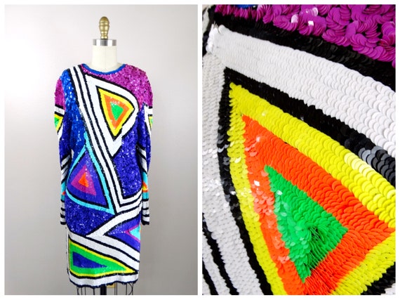 80s Funky Sequin Dress / Neon Sequined Dress / 19… - image 4