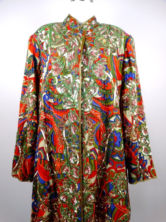 VTG Sequin Beaded Overcoat / Bohemian Novelty Lon… - image 3