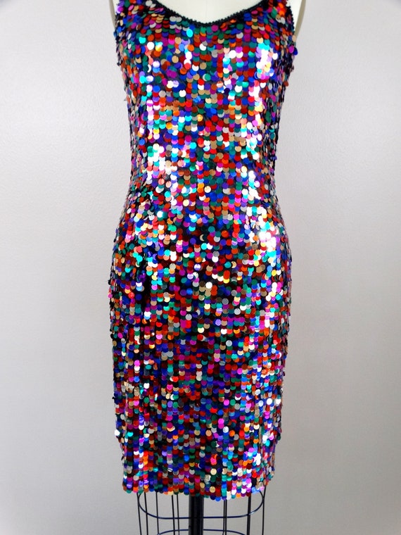 S/M Confetti Sequined Dress // Rainbow Paillette … - image 5