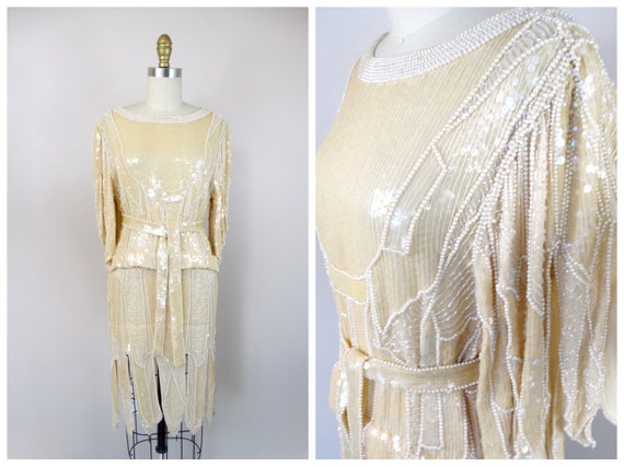 70s Hand Beaded Pearl Fringe Dress w/ Belt // Vin… - image 1