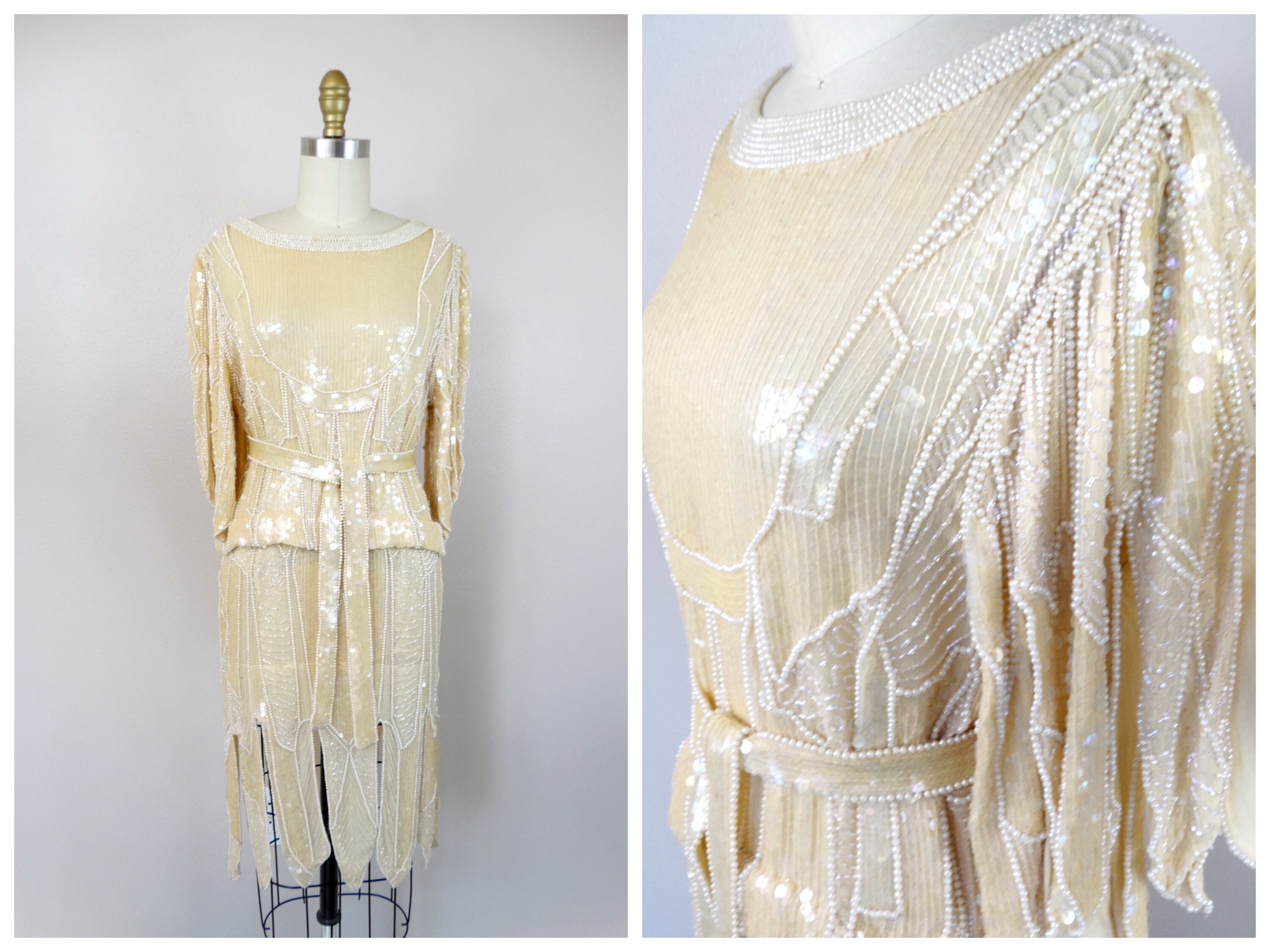 70S Hand Beaded Pearl Fringe Dress with Belt // Vintage Sequin Mini Blush Peach Cream Sequined By Lillie Rubin