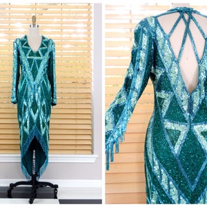 Bob Mackie Perlen besetztes Kleid mit Fransen / Art Deco Vintage Couture Perlenkleid mit Pailletten / Fransenperlenbesetztes Kleid mit Cut Outs