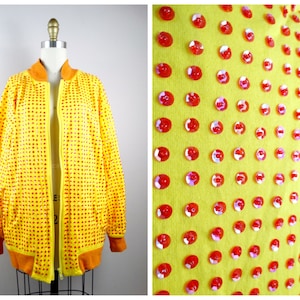 80s 90s Grid Sequin Embellished Bomber Jacket / Bright Yellow and Red Sequined Jacket