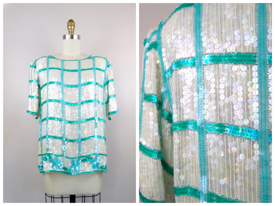M/L Iridescent Sequin Top Retro Checkered Mint Green Embellished Short Sleeve Blouse - Etsy