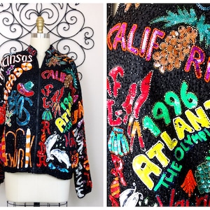 City GLAM Sequin Jacket / USA Vacation Destinations Fully Beaded Sequined Fun Novelty Jacket