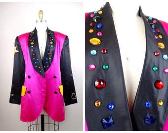 Juwel Perlen Pailletten Herzen Blazer // Artsy Deco Herz Mond & Sterne Pailletten Hot Pink Seidige Jacke