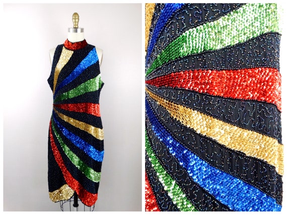 80s 90s Primary Color Sequin Evening Cocktail Dre… - image 1