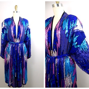 ELECTRIC Sequin Duster // Retro Indigo Purple Blue and Pink Sequined Embellished Open Dress Jacket w/ Belt