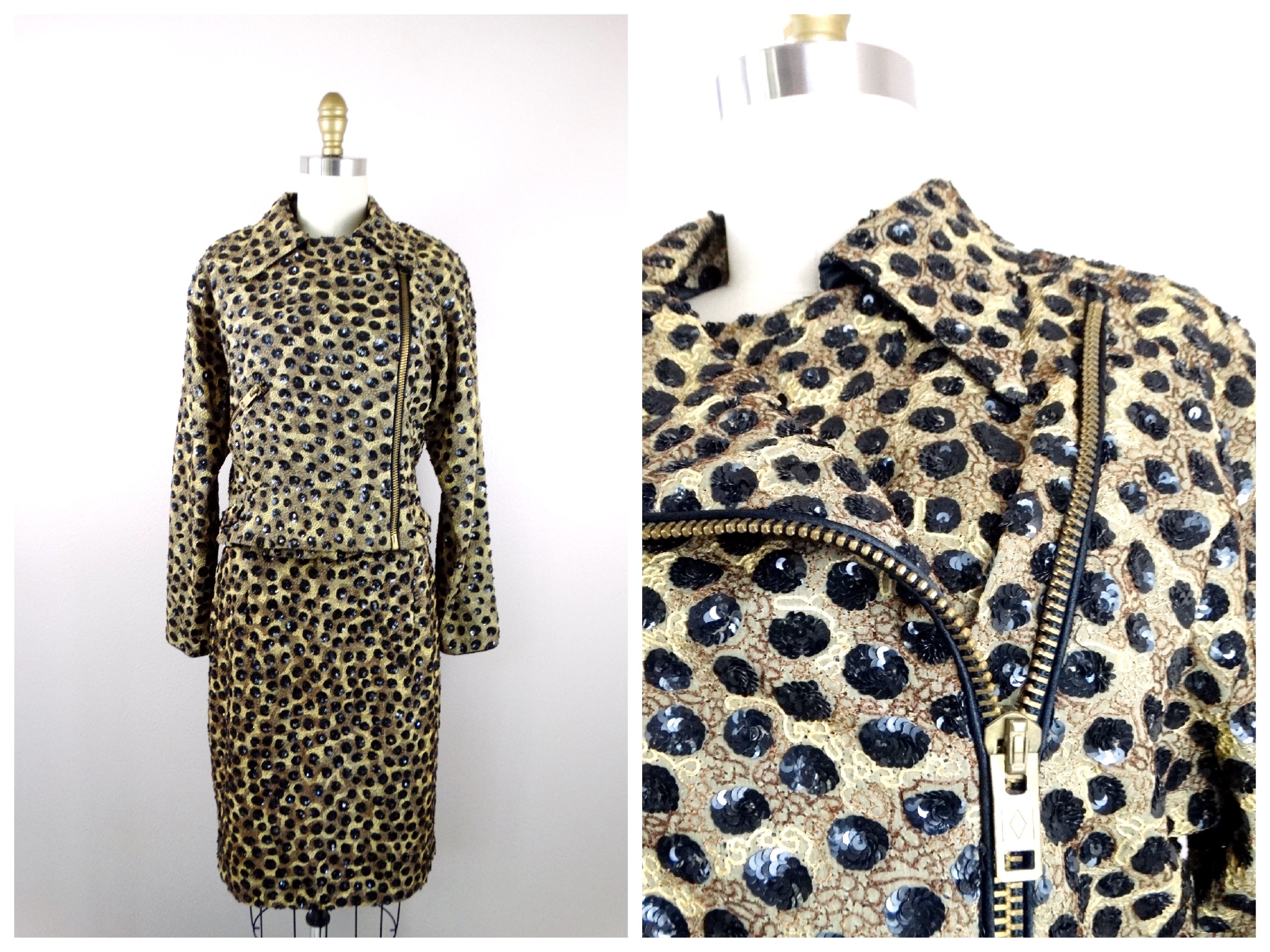 Vintage Sequin Beaded Jacket + Dress Skirt/Leopard Print Spotted Wild Animal Sequined Set By Jeanette For St. Martin