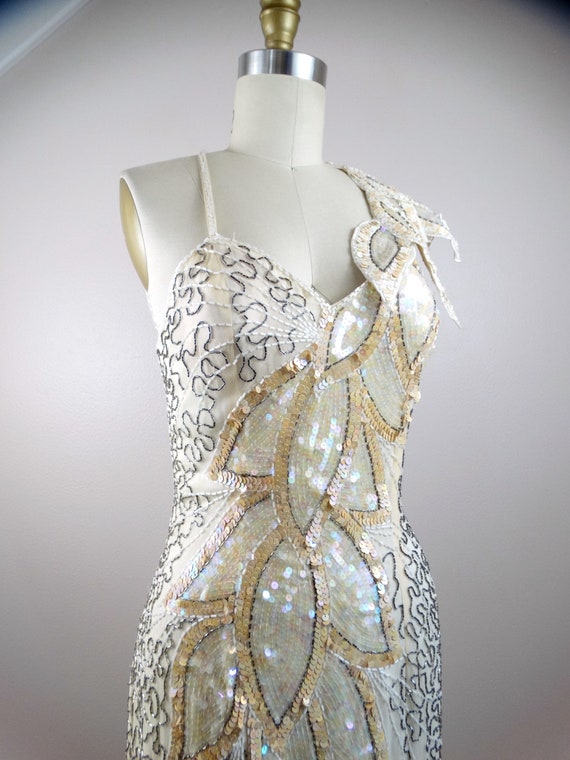 VTG Ivory Sequined Gown / Iridescent White and Si… - image 5