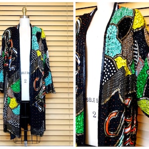 O/S Neon Sequin Duster Jacket / Hand Beaded Long Overcoat / Bright Sequined Embellished Open Kaftan Coat