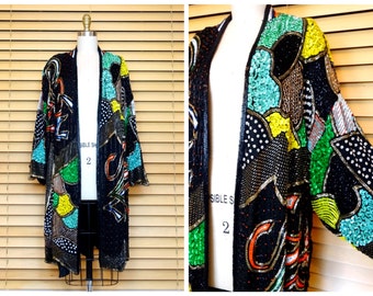 O/S Neon Sequin Duster Jacket / Hand Beaded Long Overcoat / Bright Sequined Embellished Open Kaftan Coat