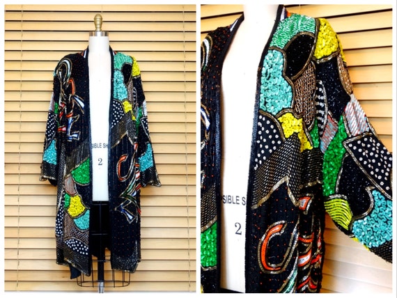 O/S Neon Sequin Duster Jacket / Hand Beaded Long … - image 1