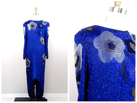 Royal Blue Beaded Gown // Open Back Silk Embellis… - image 4