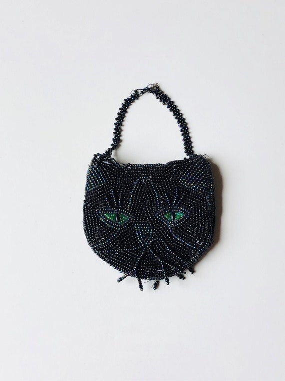 Antique Beaded Cat Purse / Black Cat Face w/ Green