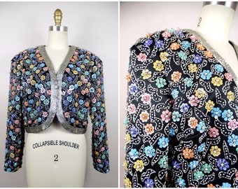 RARE 3D Floral Beaded Sequined Bolero // Pastel Sequin Cluster Floral Bridal Shrug // Vintage Couture Cropped Jacket