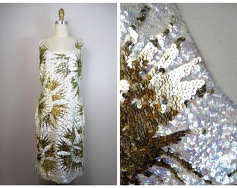 50er 60er Jahre irisierendes Paillettenkleid / 1950er 1960er Verschönertes Gold und Elfenbein cremefarbenes Wollkleid
