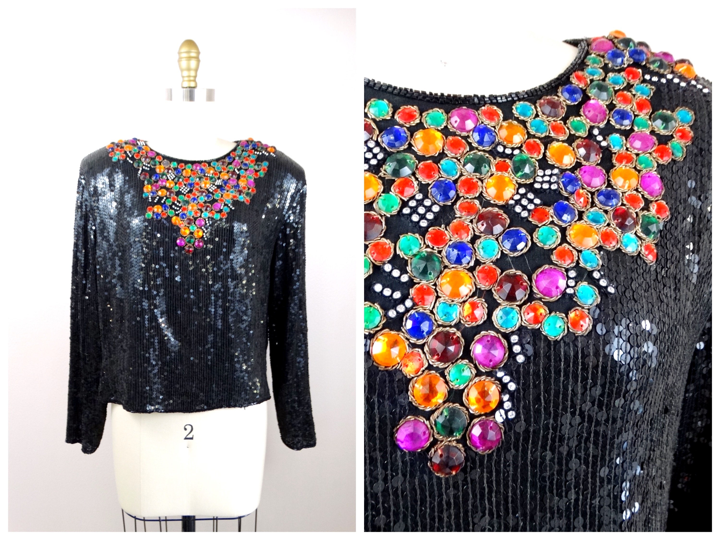 S M Blusa con pedreria y pedreria de cristal Top colorido con lentejuelas y joyas BRAXAE Vintage Co. Etsy Espana