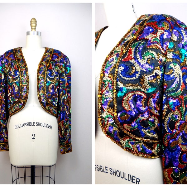 Jewel Encrusted Beaded Bolero / Bejeweled Sequined Cropped Jacket Size Large
