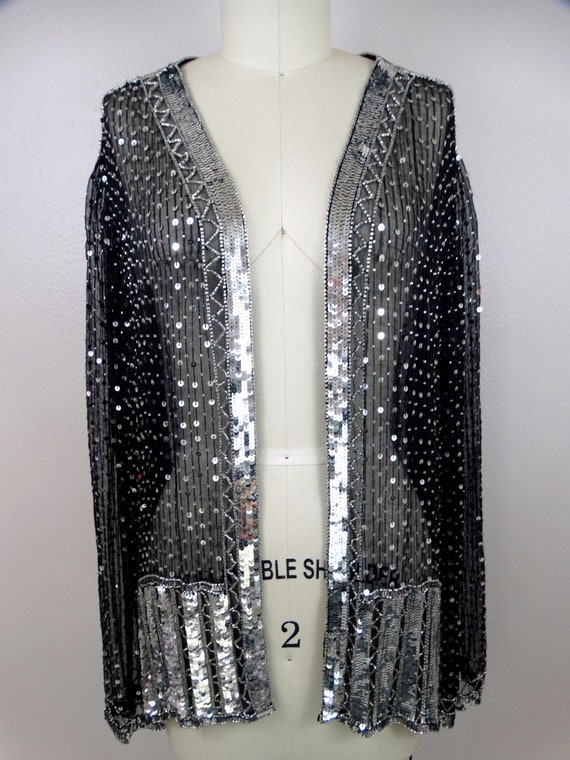 Art Deco Reflective Sequin Shrug // Sheer Black S… - image 4