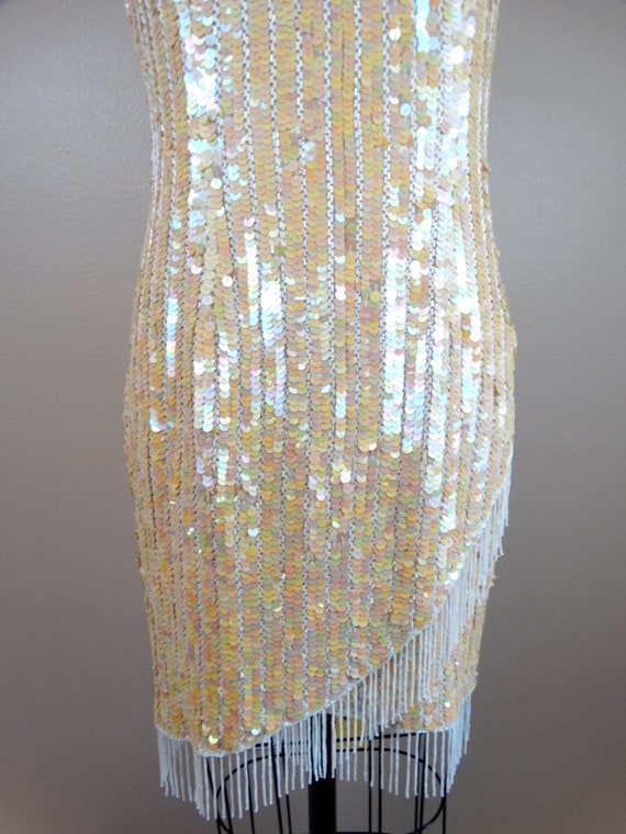 Iridescent Fringe Beaded Sequined Dress • Ivory S… - image 6