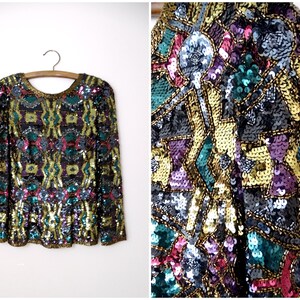 Oleg Cassini Heavy Beaded Top / Sparkly Sequin Embellished Fancy Formal Vintage Evening Blouse
