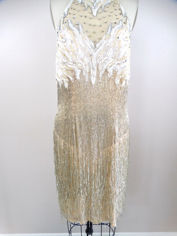 VTG Pearl Beaded Fringed Dress // Heavily Embelli… - image 2