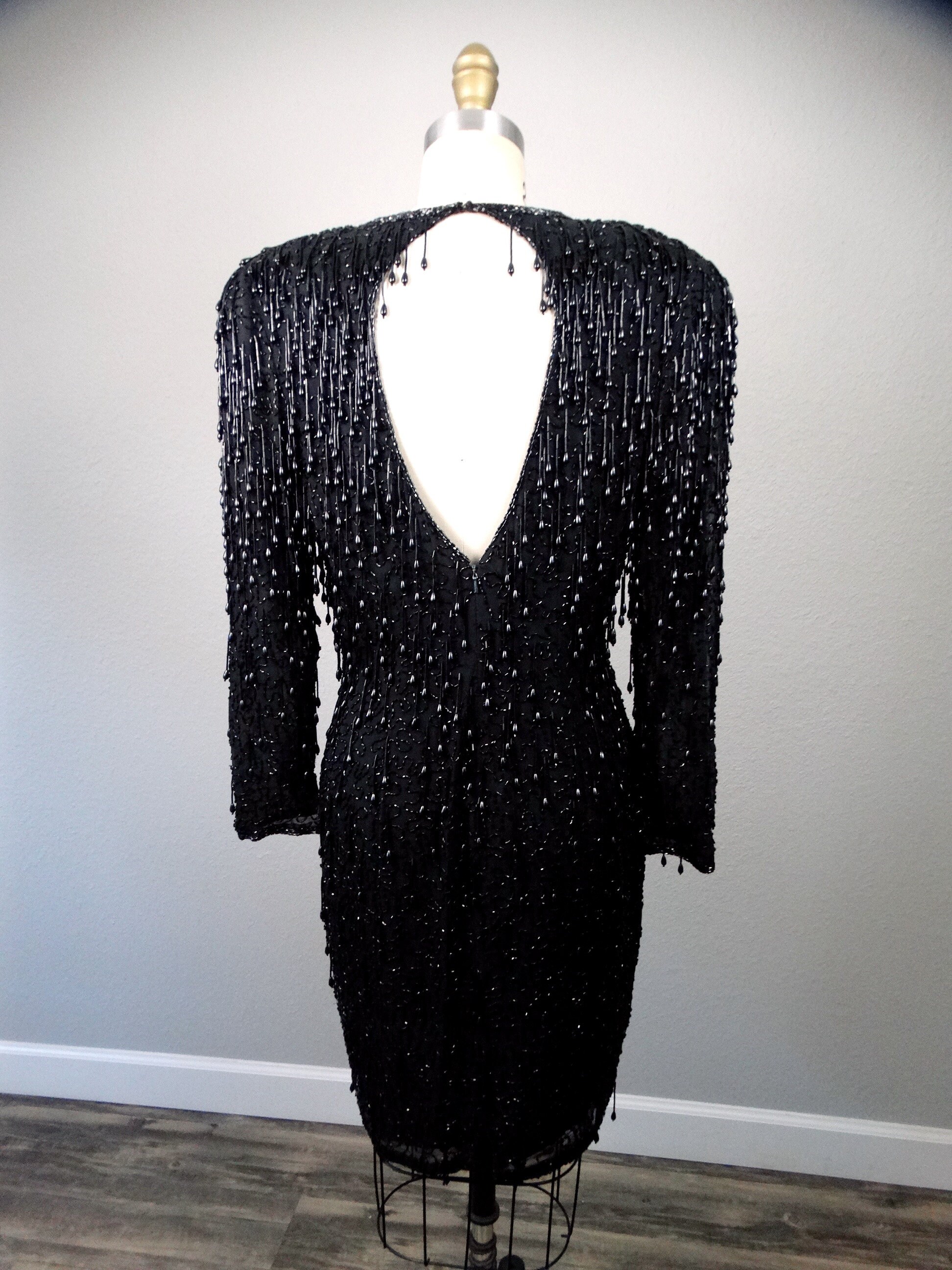 S/M Heavy Tassel Beaded Fringe Formal Evening Dress // Black Fringed Beaded  Dress // All Fringe Teardrop Dress // Little Black Dress LBD - Etsy