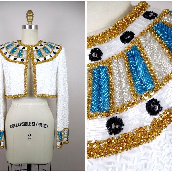 Ornate Avant Garde Beaded Bolero // White Gold and Blue Beaded Cropped Jacket