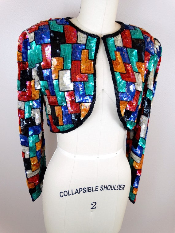 Colorblock Sequin Bolero / Jeweled Sequined Cropp… - image 3