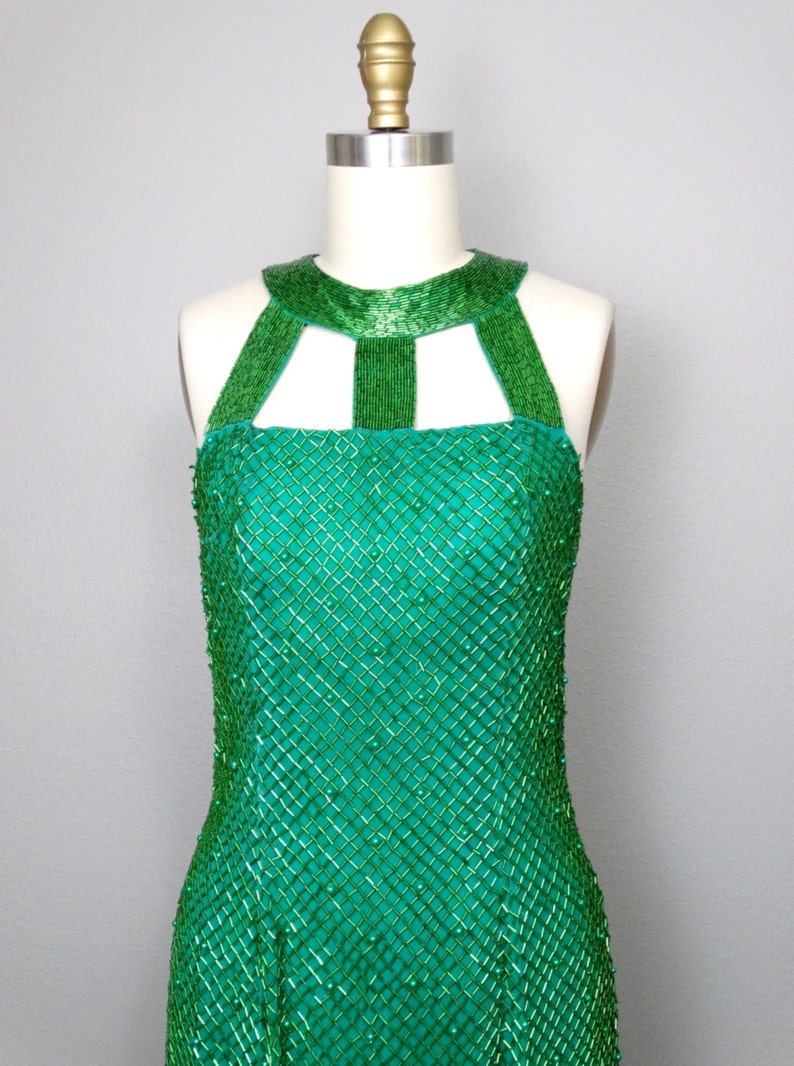 Emerald Green Silk Beaded Dress / Kelly Green Beaded High Neck Etsy