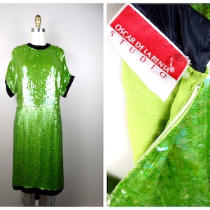 80s 90s Oscar de la Renta Sequin Dress / Mod Lime Green Vintage Designer Couture Dress / Bright Sequined Dress US Size 6