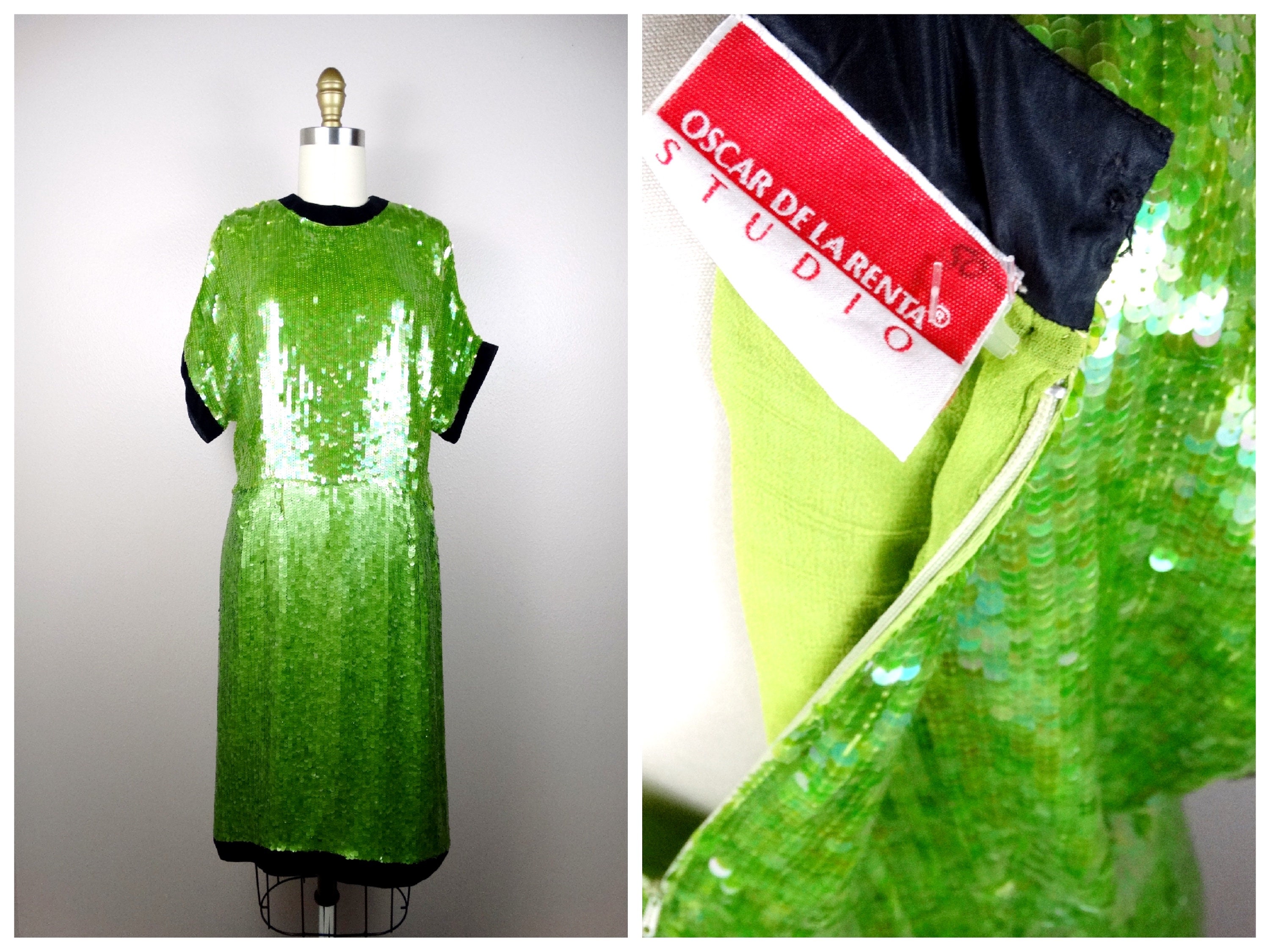 Oscar De La Renta Sequin Dress/Bright Lime Green Vintage Designer Couture Us Size 6