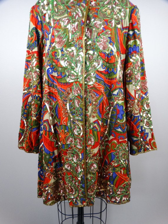 VTG Sequin Beaded Overcoat / Bohemian Novelty Lon… - image 4