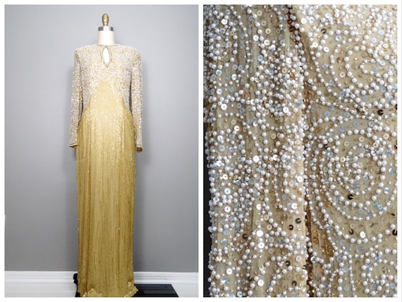 Gold Silk Beaded Gown / White and Gold Sequined Dress / Art Deco Pearl  Wedding Gown by Oleg Cassini - Etsy