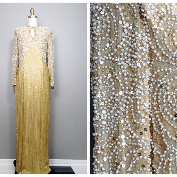 S/M Gold Silk Pearl Beaded Gown // White and Gold Beaded Sequined Dress // Art Deco Wedding Gown by Oleg Cassini