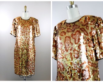 L/XL Wild Vintage Sequin Dress // Animal Print Sequined Embellished Dress // Wild Big Cat Sequin Dress Sz Large