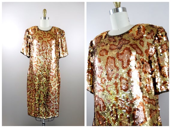L/XL Wild Vintage Sequin Dress // Animal Print Se… - image 1