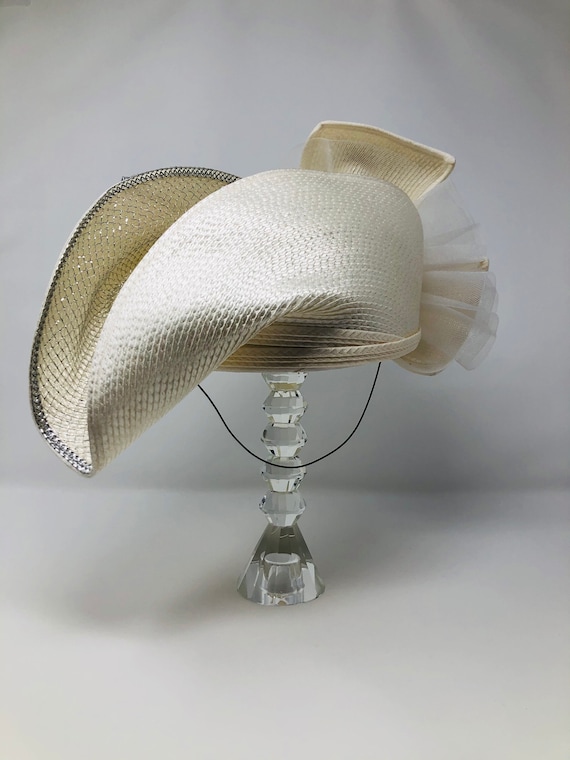 Vintage Beaded Sequined Church Hat / White Beaded… - image 9