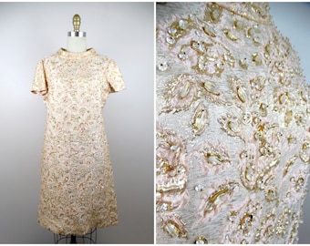 60s Crystal Beaded Dress by DYNASTY / 1950's 1960's Champagne Pink Jewel Encrusted Lame Gold Brocade Dress