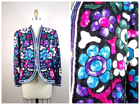 Bright Floral Sequin Jacket / Vintage Fully Sequin