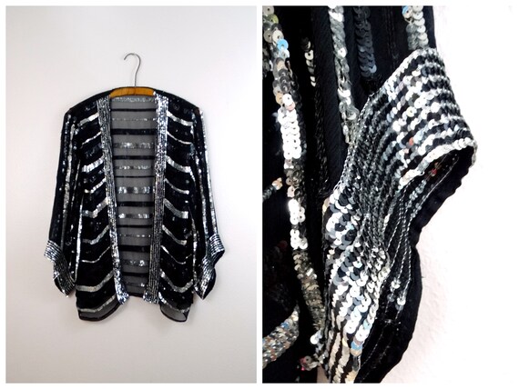 L/XL Sheer Sequined Wide Sleeve Shrug / Black Sil… - image 1