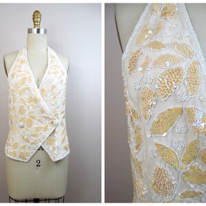 VTG Iridescent Sequined White Beaded Halter Top // Glass Beaded Bustier Vest Top // Ivory Silk Beaded Backless Top image 4