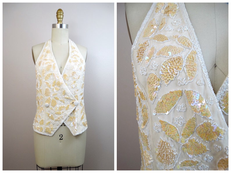 VTG Iridescent Sequined White Beaded Halter Top // Glass Beaded Bustier Vest Top // Ivory Silk Beaded Backless Top image 4